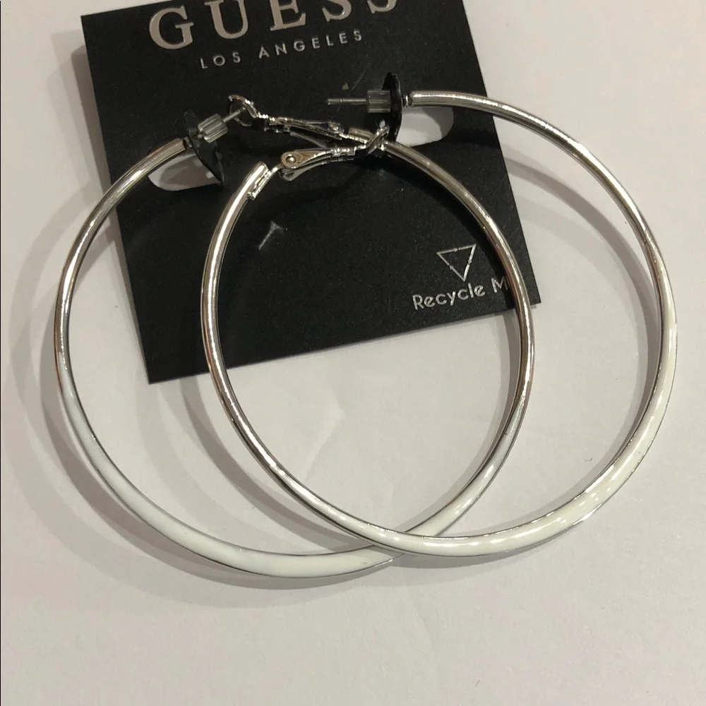 Guess silver tone white dipped‎ colorblock circle hoop earrings new